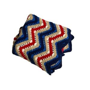Handmade Crochet Afghan-Red White‎ Blue Tan